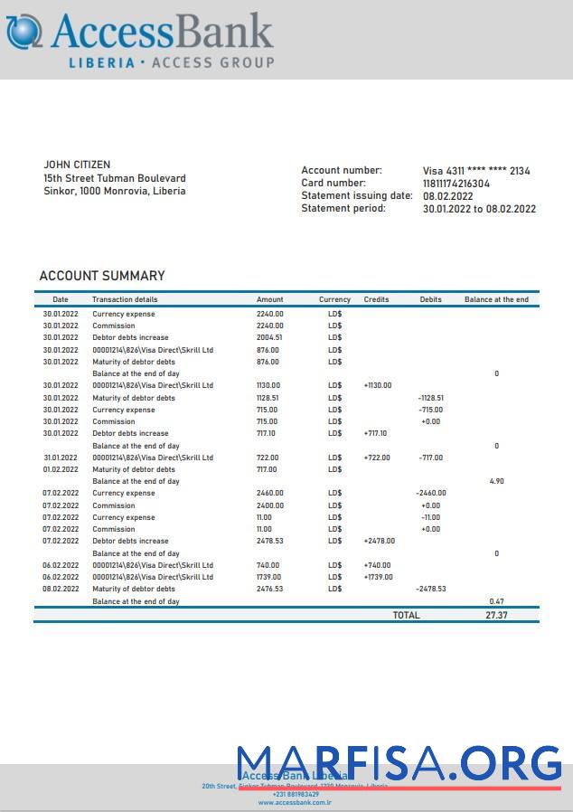 Blank Liberia Access bank statement word real example